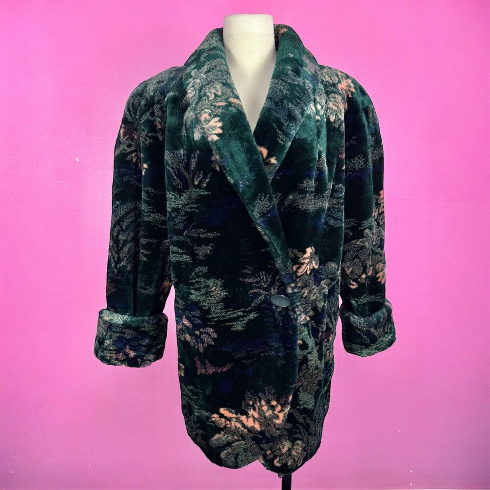 Size S Vintage 1980s 80s DONNY BROOK Dark Emerald Green Leaf Print Faux Fur Coat